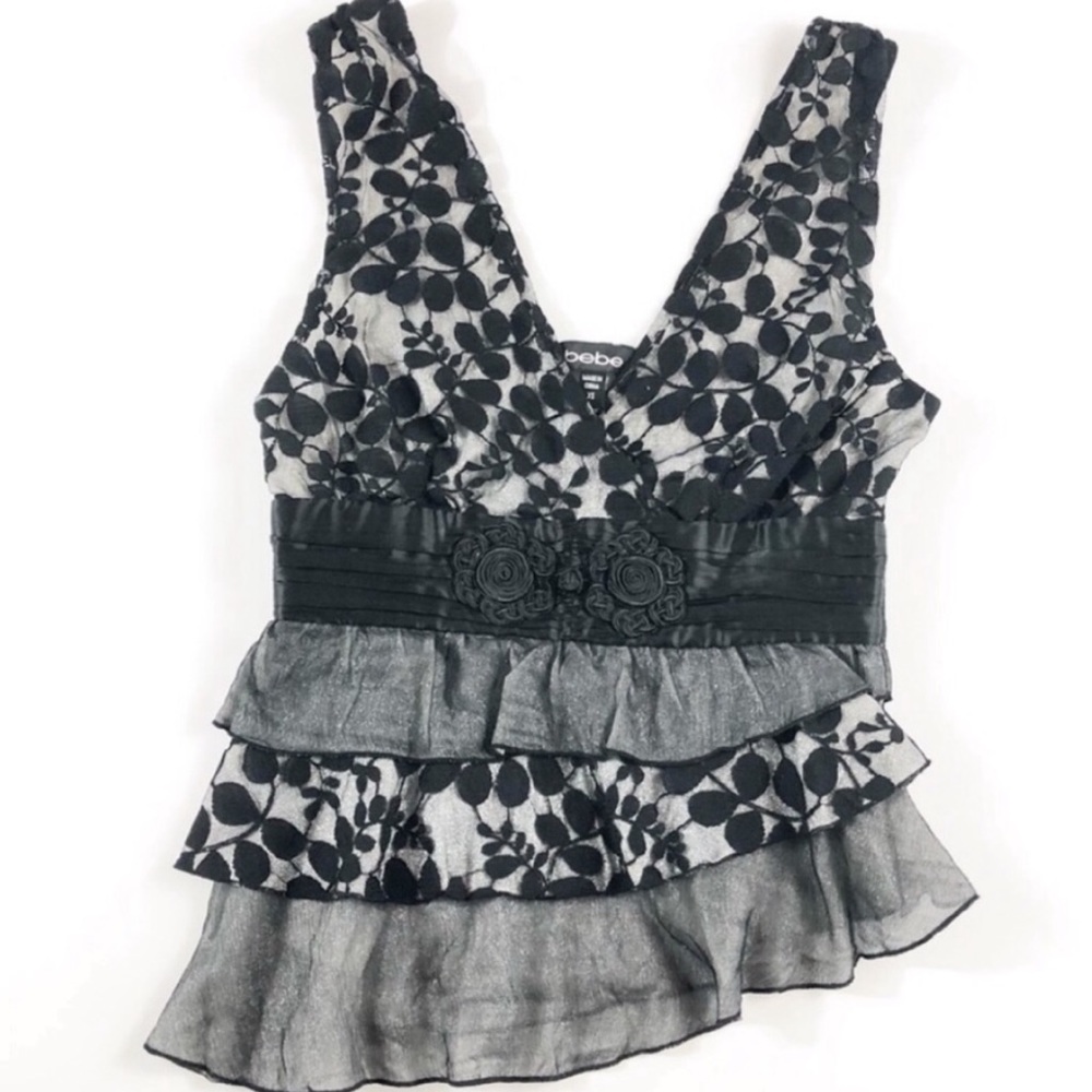 Lace Asymmetric Tiered Ruffle Plunge Top